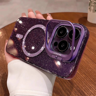 [Jlk] Ốp sạc không dây từ tính lấp lánh Bling cho iPhone 14 13 11 12 15 16 Pro Max Giá đỡ máy ảnh Vỏ cứng Acrylic trong suốt