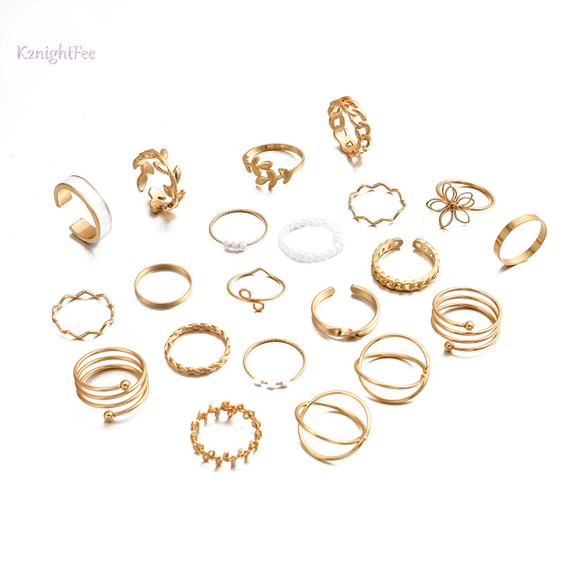 K2nightfee Vintage Vàng Bạc Màu Trái Tim Bộ Nữ Lá Ngọc Trai Hình Học Nhẫn Hoa Hợp Thời Trang Ngón Tay Trang Sức VN