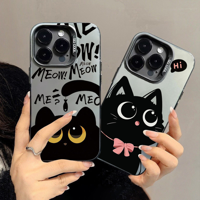 Vỏ Tương Thích Cho Redmi Note 14 13 12 11 Pro Plus 5G 10 Pro 12S 11S Redmi 13 13C 14C 12 4G Phim Hoạt Hình Dễ Thương Mèo Đen Bạc IMD Kim Loại Cứng Chống Sốc