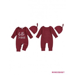 MG-Baby Boy Ribbed Romper Bộ áo liền quần dài tay thêu chữ thường ngày và bộ mũ cho trẻ sơ sinh Trang phục mùa thu cho trẻ mới biết đi