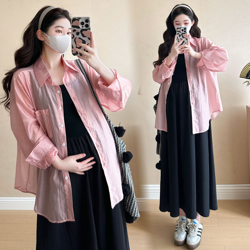Bộ đồ bà bầu Mùa hè 2025 Áo sơ mi chống nắng phong cách mới + Váy Sling Bộ đồ hai mảnh