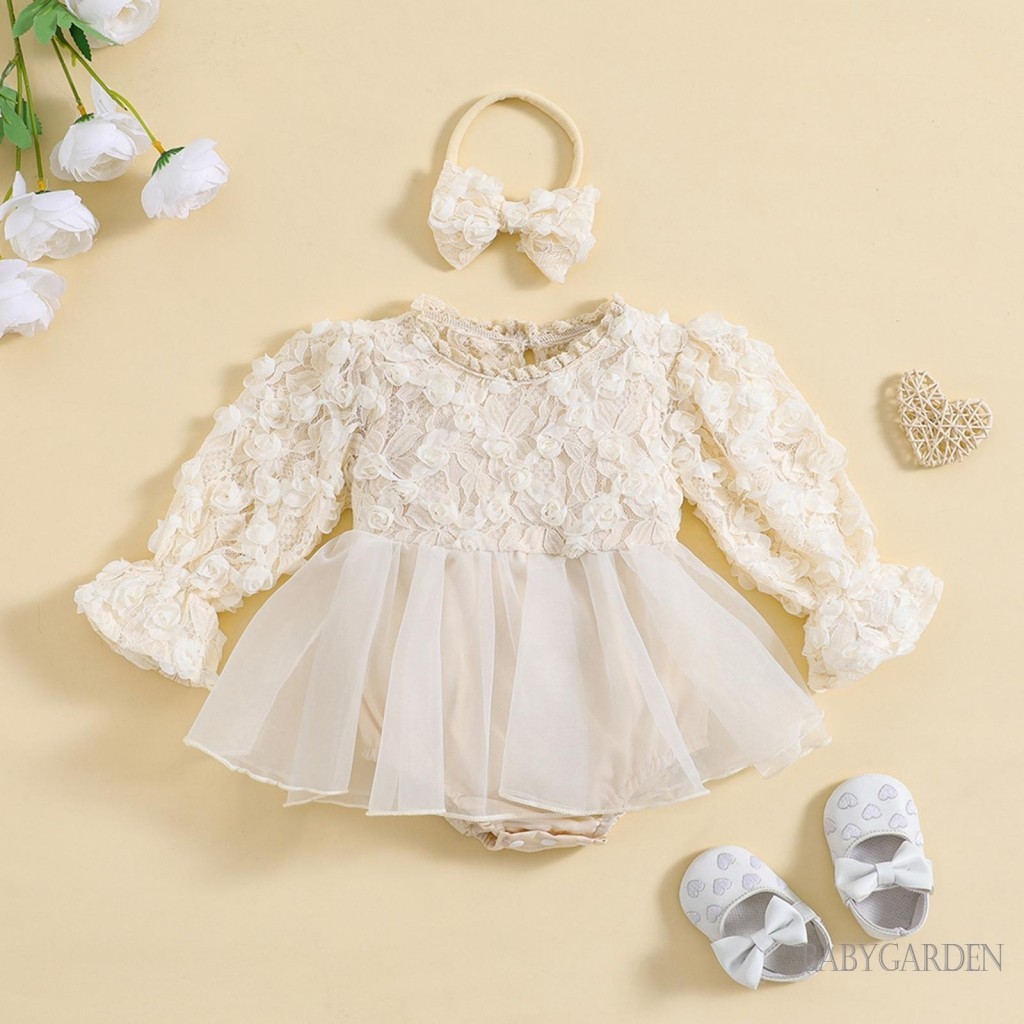Baga-baby Bé Gái Mùa Thu Áo Liền Quần Dài Tay Ren Hoa Tulle Chắp Vá Công Chúa Trẻ Sơ Sinh Romper Có Băng Đô