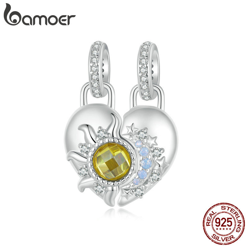 Phụ kiện mặt dây chuyền trái tim mặt trời và mặt trăng Bamoer 925 Sterling Sliver Charm cho vòng tay