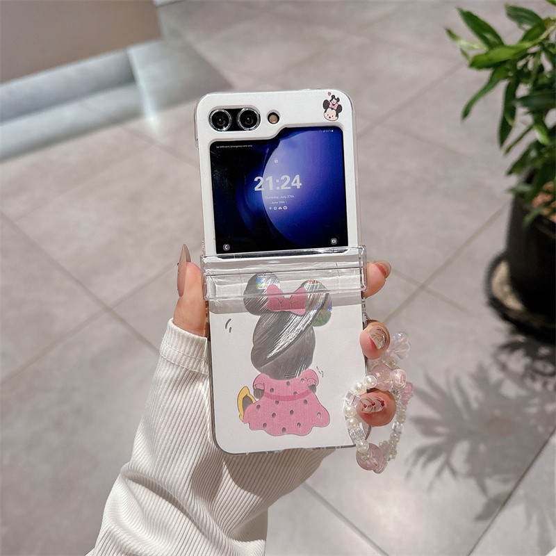 Giấy Laser Rock Nhạc Hello Kitty Vòng Tay Mèo Dây Đeo Tay Dây Xích Cứng Acrylic Vỏ Điện Thoại Cho Samsung Galaxy Z Flip 5 Flip 4 Flip 3 Ốp Lưng Chống Sốc