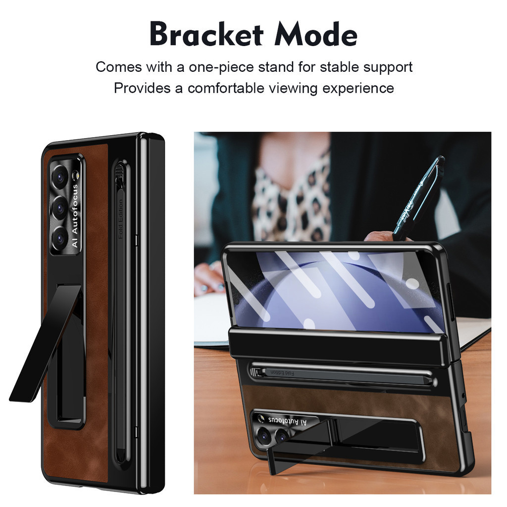 Giá đỡ da sang trọng có khe cắm bút Stylus Samsung Galaxy Z Fold 6 Z Fold 5 Z Fold 4 Vỏ bảo vệ bản lề màn hình kính cho Z Fold4 Fold5 Fold6