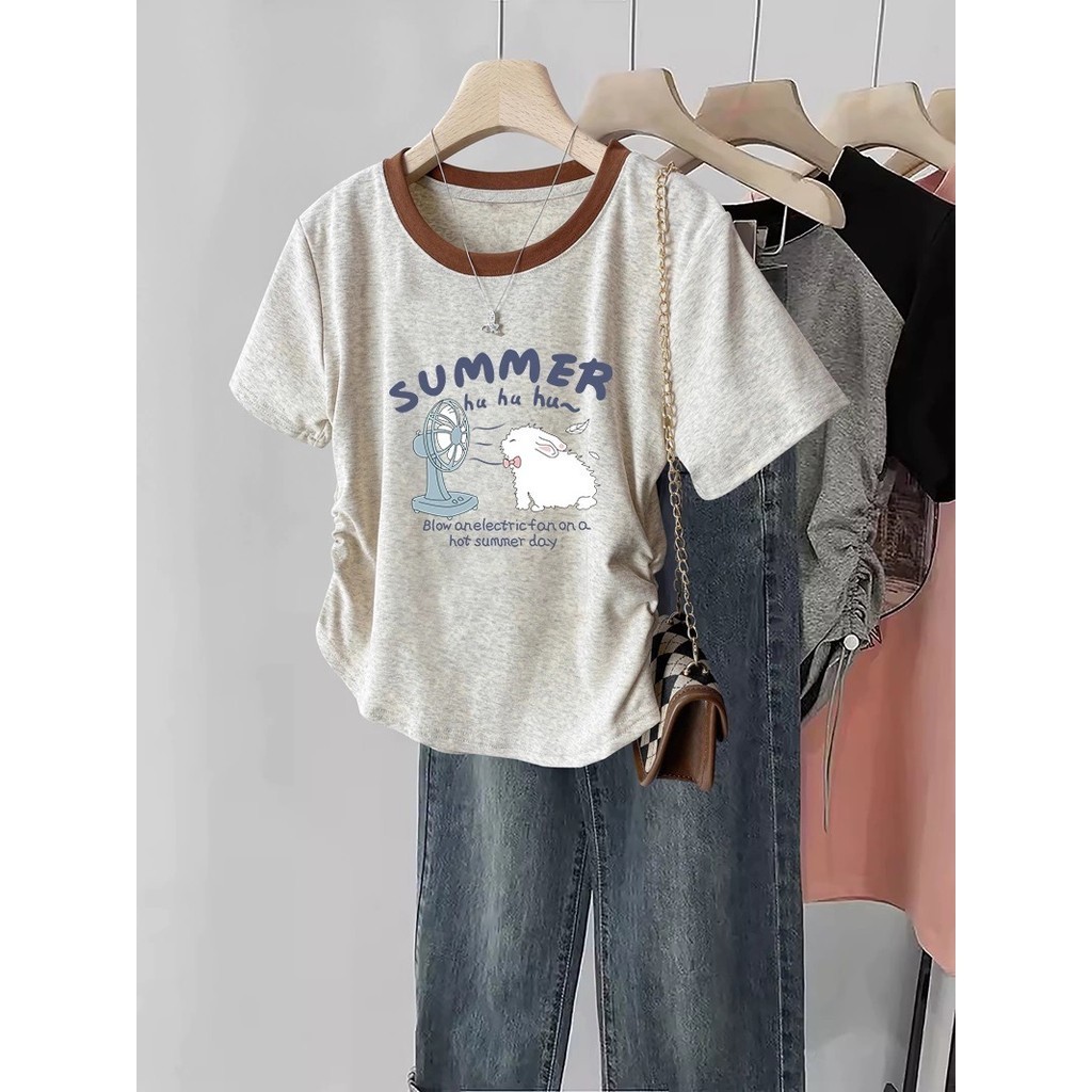 Suxi Ngọt Ngào In Hoạt Hình Mùa Hè Mới Thường Ngày Slim Fit Đa Năng Cổ Tròn Tay Ngắn Áo Thun Nữ Nguyên Chất Cotton Top 240529