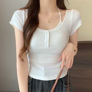 Áo Thun babytee Form ôm Cúc Cài Cổ Tròn tay ngắn nữ