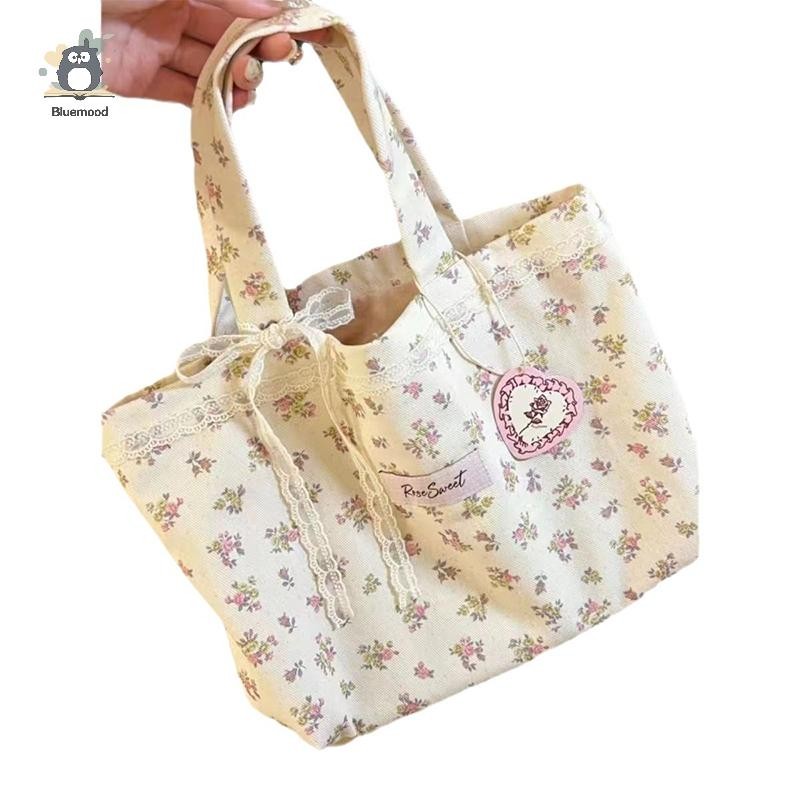 [Bluemood] Túi Tote họa tiết hoa vỡ dung tích lớn thời trang ngọt ngào với nơ ren Túi xách lưu trữ Túi xách vải mới
