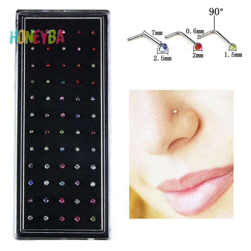 < Honeyba > 60 Cái / bộ Thép không gỉ CZ Pha Lê Hình Chữ L Mũi Mũi Mũi Cơ Thể Khuyên