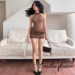 Đầm Mini Nữ Màu Trơn Frills Dây Cổ Không Tay Đầm Mùa Hè Đeo Chéo Buộc Lưng Bodycon Đầm