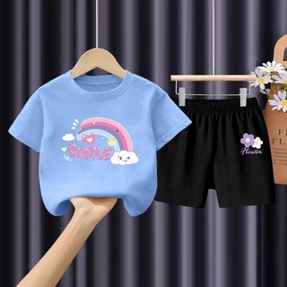 Bộ quần áo mùa hè in hình cầu vồng năm 2025 dành cho bé gái Bộ quần Short và áo thun ngắn tay đầy màu sắc