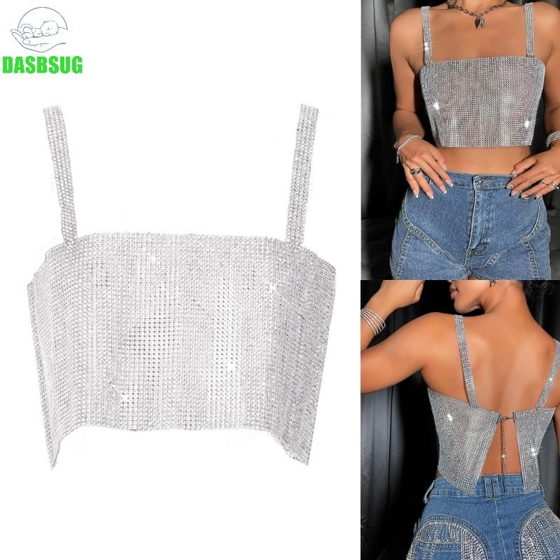 Dasbsug Nữ Fishnet Kim Cương Giả Crop Top Không Tay Pha Lê Tank Top Clubwear