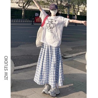 M-4XL Váy Dài Size Lớn Nữ [Chất Liệu Polyester Thoải Mái Thân Thiện Với Da Phong Cách Hàn Quốc Váy Xếp Ly Kẻ Sọc Trắng Xanh Váy Chữ a Váy Nữ Xuân Hè Phong Cách Preppy Cao Cấp Váy Giữa Chiều Dài Rời Ôm Hơn Nhìn Size Lớn Quần Áo Nữ