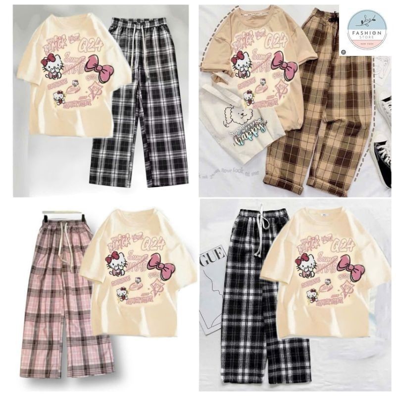 Tổng Hợp Các Sét Quần Ống Rộng + Mix Áo Phông Hình Mèo HÊ LÔ KÍT TI form rộng - Hình Mèo Màu BE-Quần áo 94