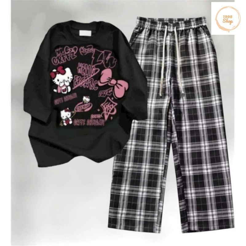Tổng Hợp Các Sét Quần Kẻ Caro Đen ống Rộng + Mix Áo Phông Mèo HÊ LÔ KÍT TI Form Rộng Tay Lỡ Cotton