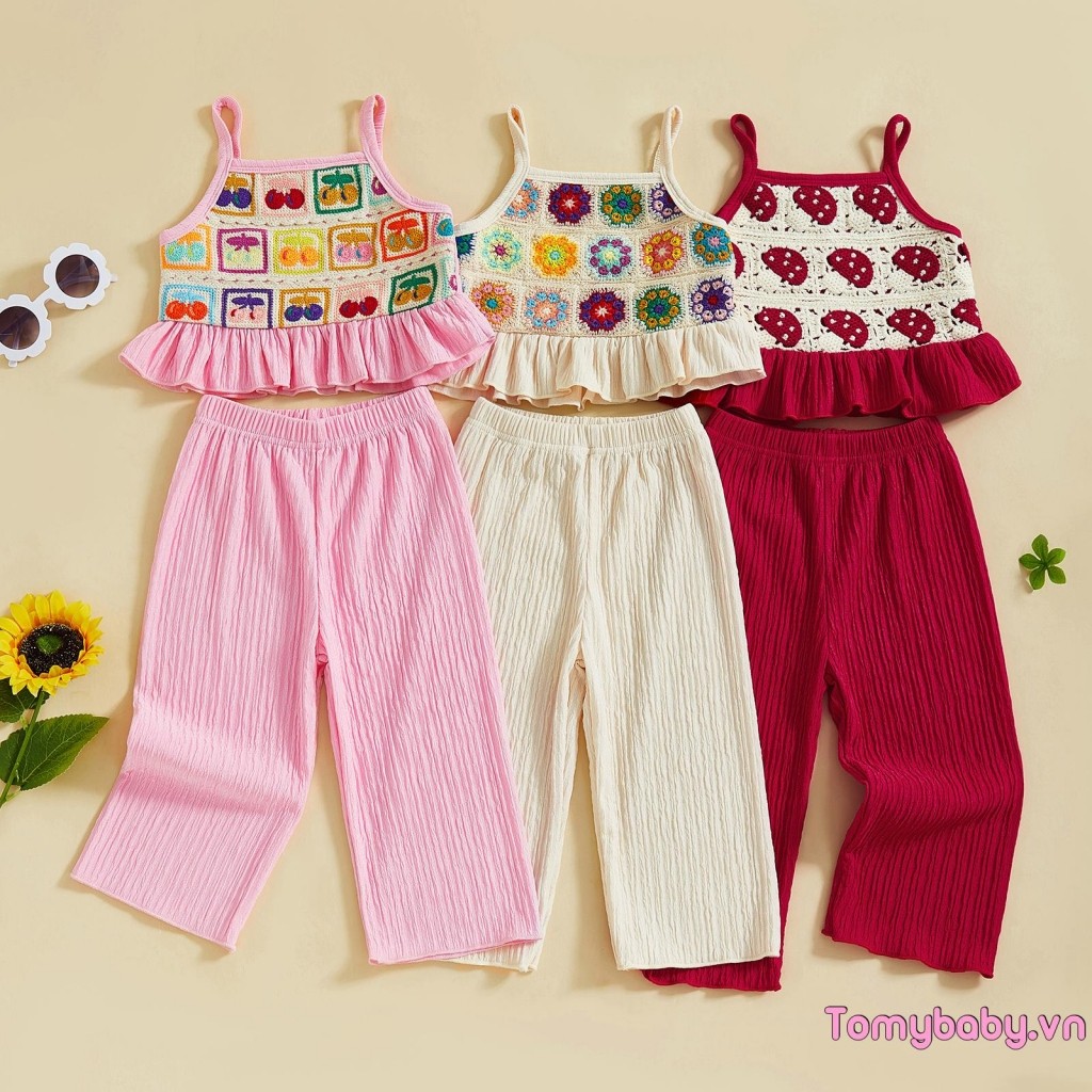 Bộ trang phục 2 món cho bé gái mới biết đi Hoa móc / Bộ Áo hai dây xù trái cây + Bộ quần thun