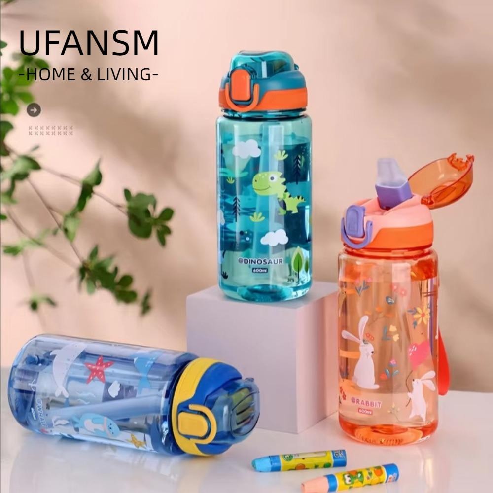 Bình Nước UFASM, Cốc Nước Trẻ Em Chống Rò Rỉ 600ml, Di Động Với Ống Hút Silicon Khủng Long Nhựa Sippy Cốc Cho Trẻ Em