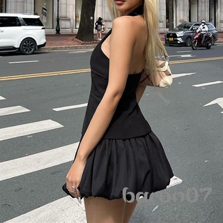 Bộ trang phục 2 món dành cho nữ mùa hè màu trơn không dây lưng và bộ váy bong bóng Mini cho quần áo dạo phố Quần áo thẩm mỹ