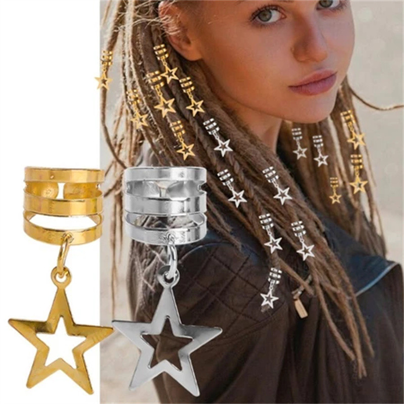 [Yunyuan]  10 Chiếc Nhẫn Tóc Dreadlock Hợp Kim Bạc Đa Phong Cách - Kẹp Tóc Ngọt Ngào Hip Hop - Nam Nữ Vòng Đeo Tai Trang Sức