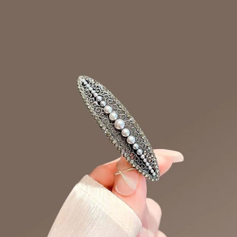 Mauropoli Kẹp tóc kim cương giả ngọc trai cao cấp phong cách retro Trung Hoa, đầu lưng nửa mùa xuân