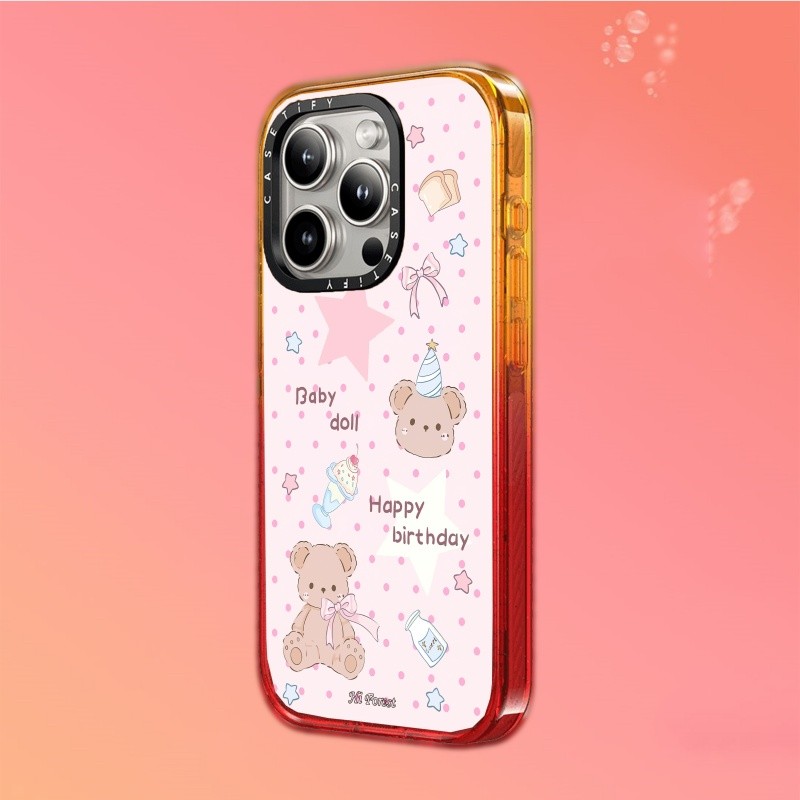 Casetify X Hi Forest Happy Every Day Ốp lưng cứng viền đen, chống sốc Impact, bộ sưu tập Peach Haze Cotton Candy, tương thích iPhone 12/13/14/15/16 Pro/Max/Plus, kèm hộp