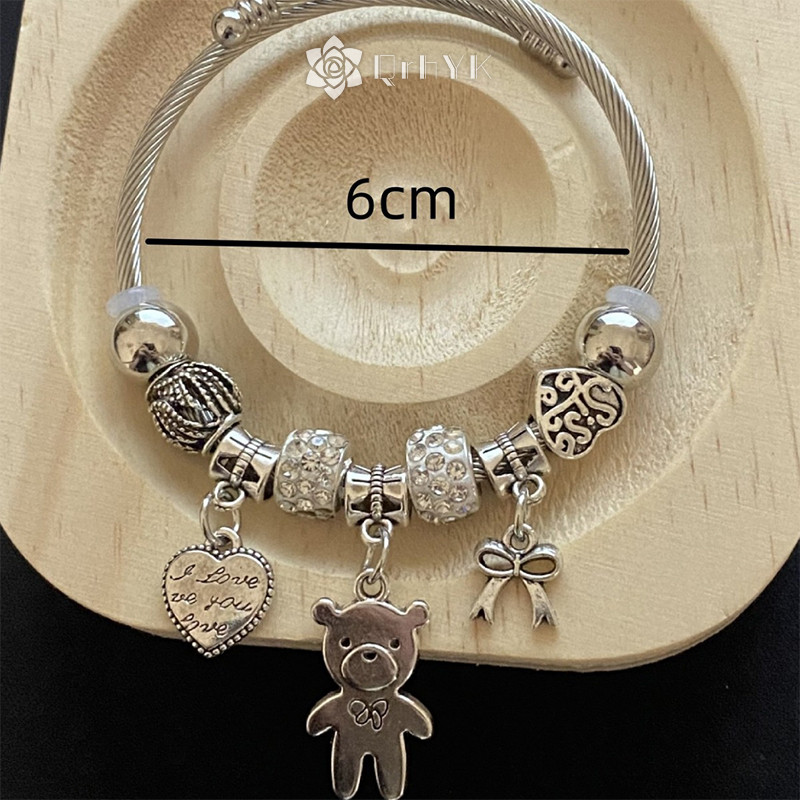 Qrhyk Cổ Đính Hạt Charm Vòng Tay Gấu Mặt Dây Chuyền Trái Tim Tình Yêu Có Thể Điều Chỉnh Vòng Tay Nữ DIY Trang Sức Quà Tặng Mới