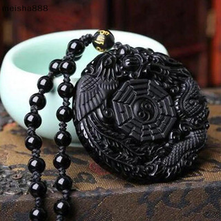 Meisha888 Đen Tự Nhiên Obsidian Tay Khắc Rồng Trung Quốc Phượng Hoàng Chim Bùa Hộ Mệnh BaGua Vòng Cổ Dành Cho Nữ May Mắn Linh Vật Bùa Mặt Dây Chuyền