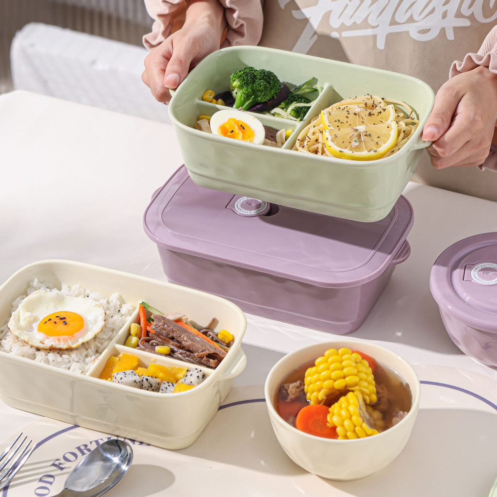 Hộp cơm gốm 3 ngăn có nắp kín, cách nhiệt, kèm bát, dùng cho bữa trưa