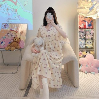 M-4XL Size Lớn Một Mảnh Váy Ngủ Nữ 150kg Bộ Đồ Ngủ Ngắn Tay Váy Ngủ Pháp Nữ Mùa Hè Mỏng Phong Cách Công Chúa Ngọt Ngào Phong Cách Rộng Kích Thước Cực Lớn Ren Cổ Chữ v Loungewear Bộ Đồ Ngủ Đầm Hoa Một Mảnh