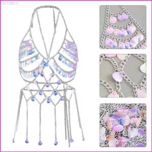 Vic Rỗng Ra Lấp Lánh Kim Sa Lấp Lánh Cơ Thể Dây Xích Tua Rua Ngực Dây Crop Top Trang Sức Cơ Thể Cho Nữ Beachw