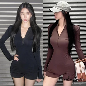 Quần Short Tập Luyện Nữ Áo Liền Quần Dây Kéo Phía Trước Cao Cấp Dài Tay Yoga Jumpsuit Cho Thể Thao Tập Gym Thể Thao Hoạt Động Mặc