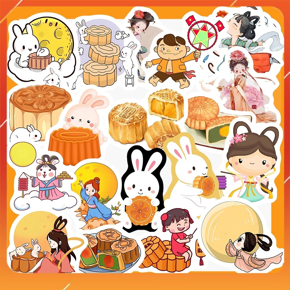 Hộp 25 Miếng Dán Sticker HÌNH ẢNH TRUNG THU - Chống Thấm Nước Trang Trí laptop, vali - NSX Gì Cũng In