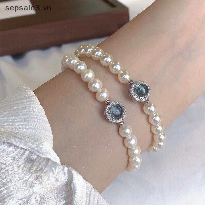 # Sepsale # Vòng tay kim cương giả ngọc trai giả cổ điển thanh lịch Tính khí sang trọng Dây chuyền tinh tế Thiết kế thích hợp Vòng tay ngọc trai pha lê màu xanh.