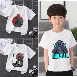 Bộ phim hoạt hình Godzilla Áo thun trắng nguyên chất in hình dễ thương quần áo ngắn tay hàng ngày dành cho trẻ em