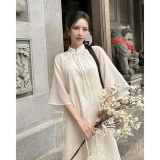 Áo dài cách tân 4 tà chất liệu lụa bóng phối tay tơ Oranga may bọc đường may - JNN Store J85
