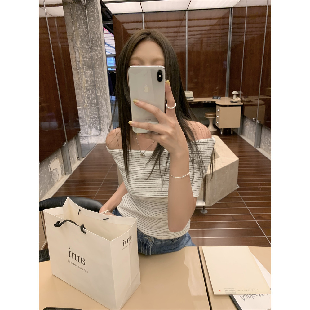 Suxi Gợi Cảm Tắt Vai Thời Trang Crop Top Đơn Giản Retro Sọc Áo Thun Nữ Tay Ngắn 240416