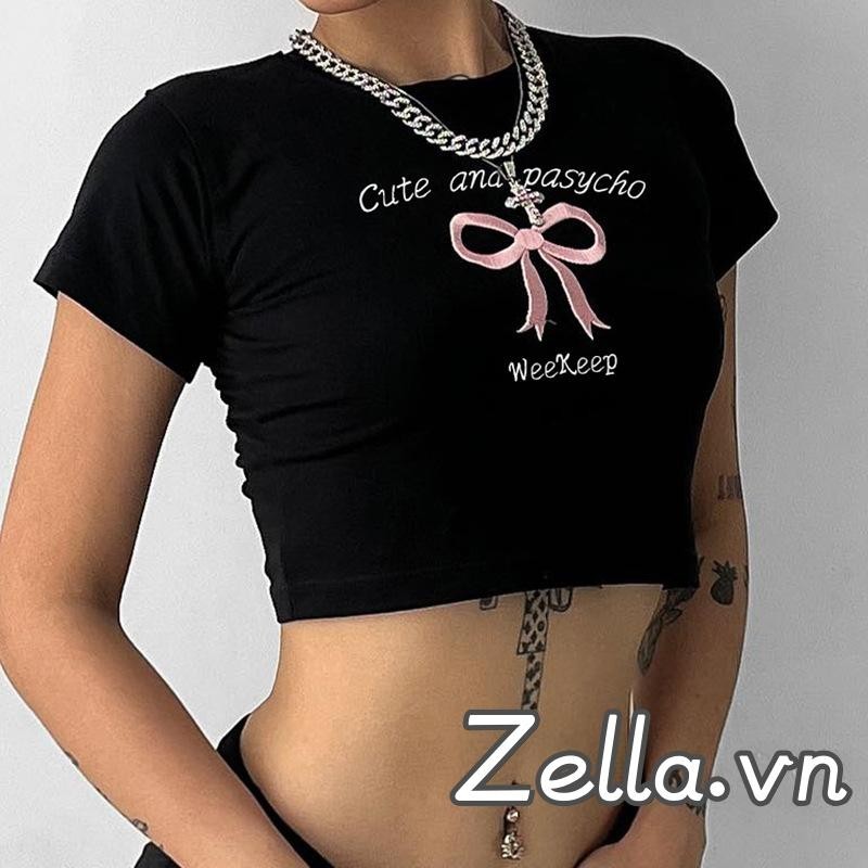 Áo thun nữ Crop Y2K Nơ thêu chữ cổ tròn Slim Fit Áo tay ngắn dạo phố