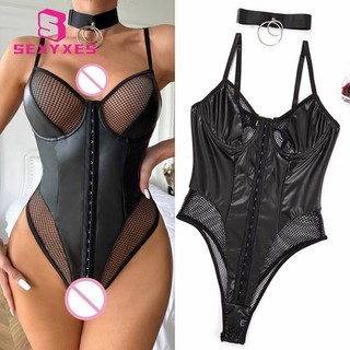 Rỗng Gợi Cảm Dây Đeo Cổ Áo Liền Quần Nữ Bộ Đồ Ngủ Da PU Gợi Cảm MD0512