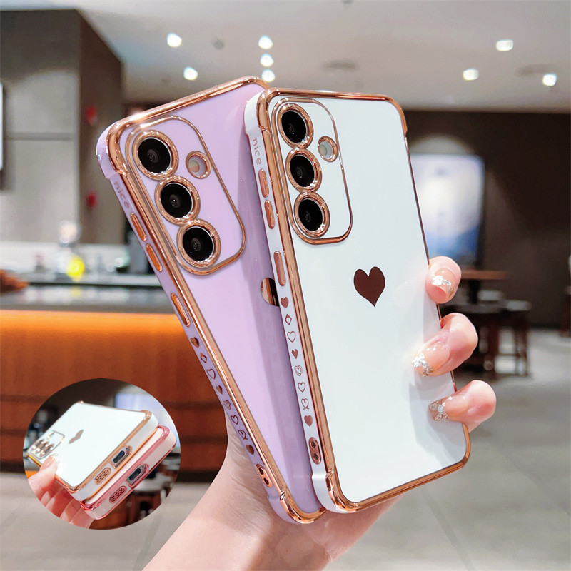 Ốp Mạ Sang Trọng Cho Samsung Galaxy S24 S23 S22 Ultra S23 Plus S21 S20 S23 FE Love Heart Side Pattern Vỏ Điện Thoại Chống Sốc