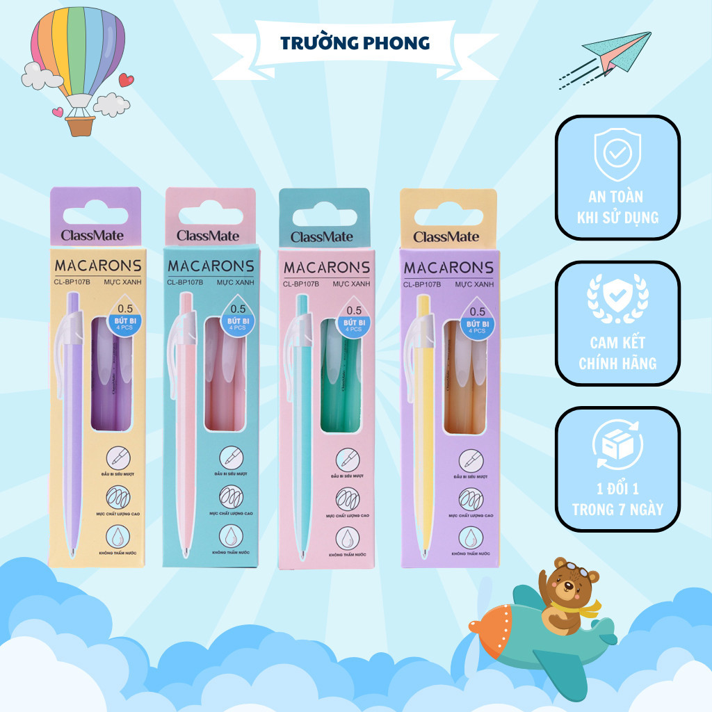 Hộp 4 Bút Bi Classmate Bút Macarons Ngòi 0.5mm Bút Mực Xanh Viết Trơn ...