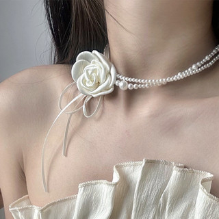 1 Chiếc Camellia Nơ Neckchain Handmade Ruy Băng Ngọc Trai Vòng Cổ Retro Cổ Dây Xích Phụ Kiện