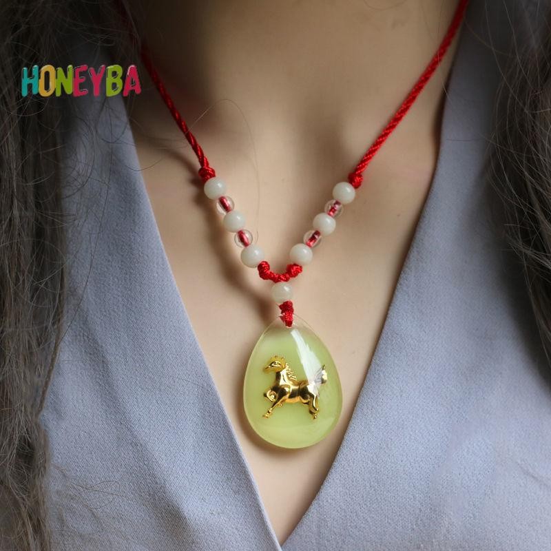 < Honeyba > Vòng cổ mặt dây chuyền xếp nếp màu đỏ cung hoàng đạo Trung Quốc Hạt phát sáng dành cho nam giới Chòm sao Động vật pha lê Choker Trang sức sinh nhật may mắn