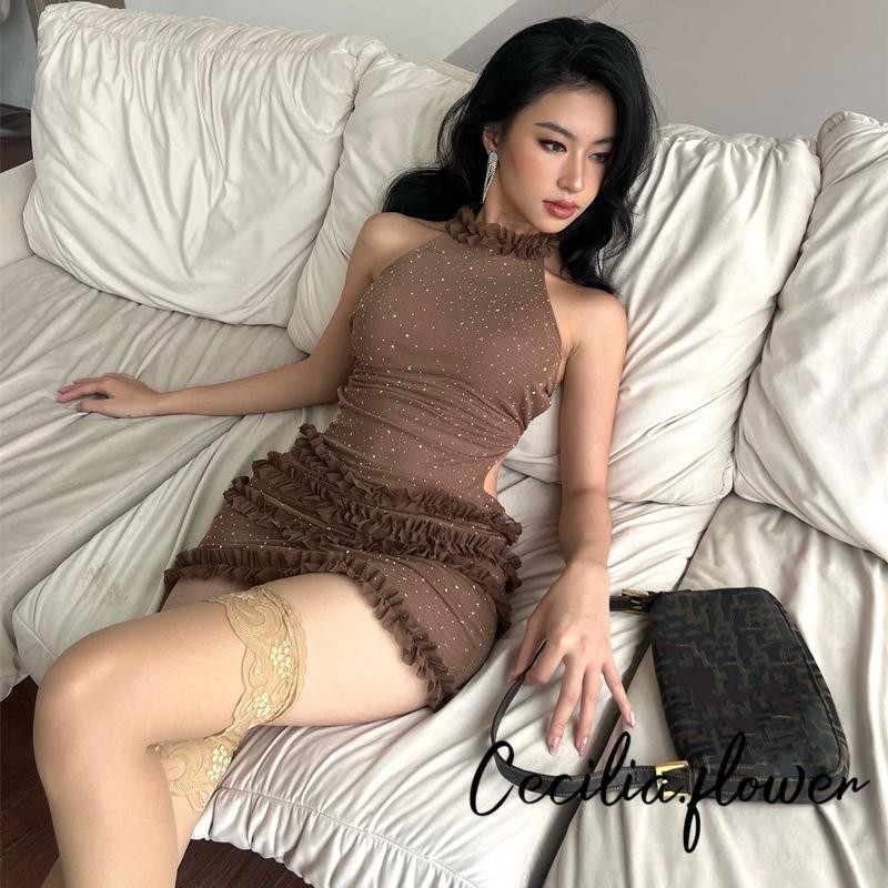 Đầm Mini Nữ Màu Trơn Frills Dây Cổ Không Tay Đầm Mùa Hè Đeo Chéo Buộc Lưng Bodycon Đầm
