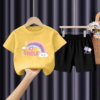 Bộ quần áo mùa hè in hình cầu vồng năm 2025 dành cho bé gái Bộ quần Short và áo thun ngắn tay đầy màu sắc