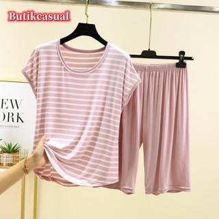 Phụ Nữ Sọc Bộ Rời Mỏng Kích Thước Lớn Thủy Thủ Đoàn Cổ Bộ Đồ Ngủ Mùa Hè Áo Thun Không Tay Quần Bộ