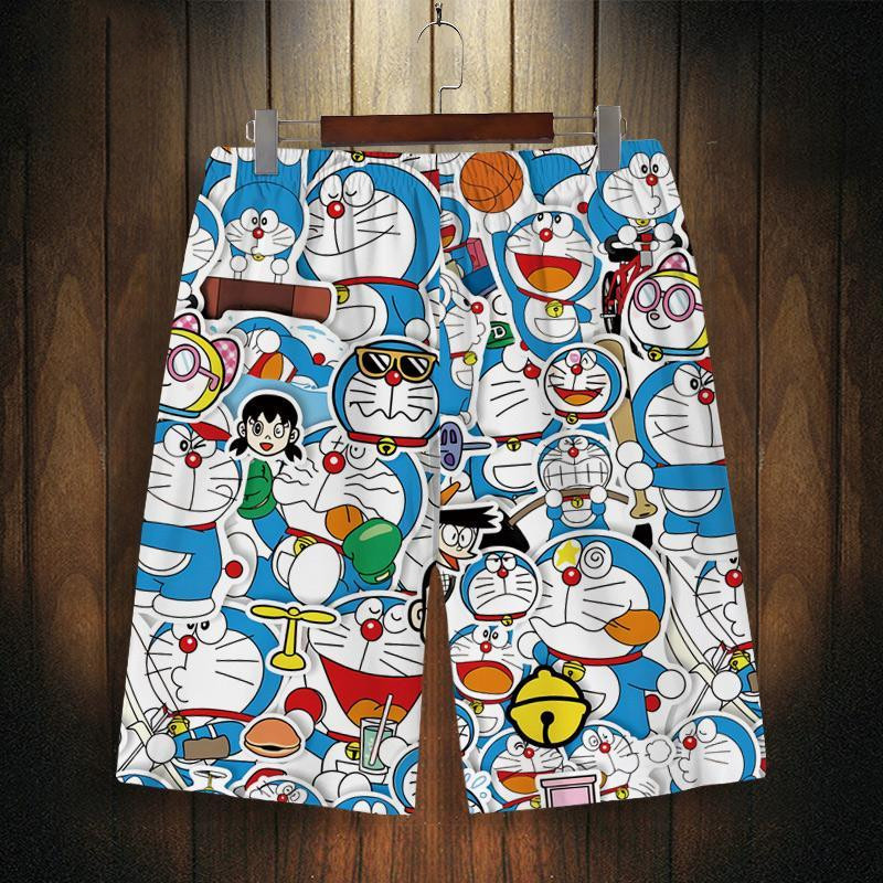 Quần short Doraemon mùa hè rộng rãi, kích thước lớn, nhanh khô, thoáng khí, quần bãi biển in hoa hoạt hình, quần bãi biển thoải mái