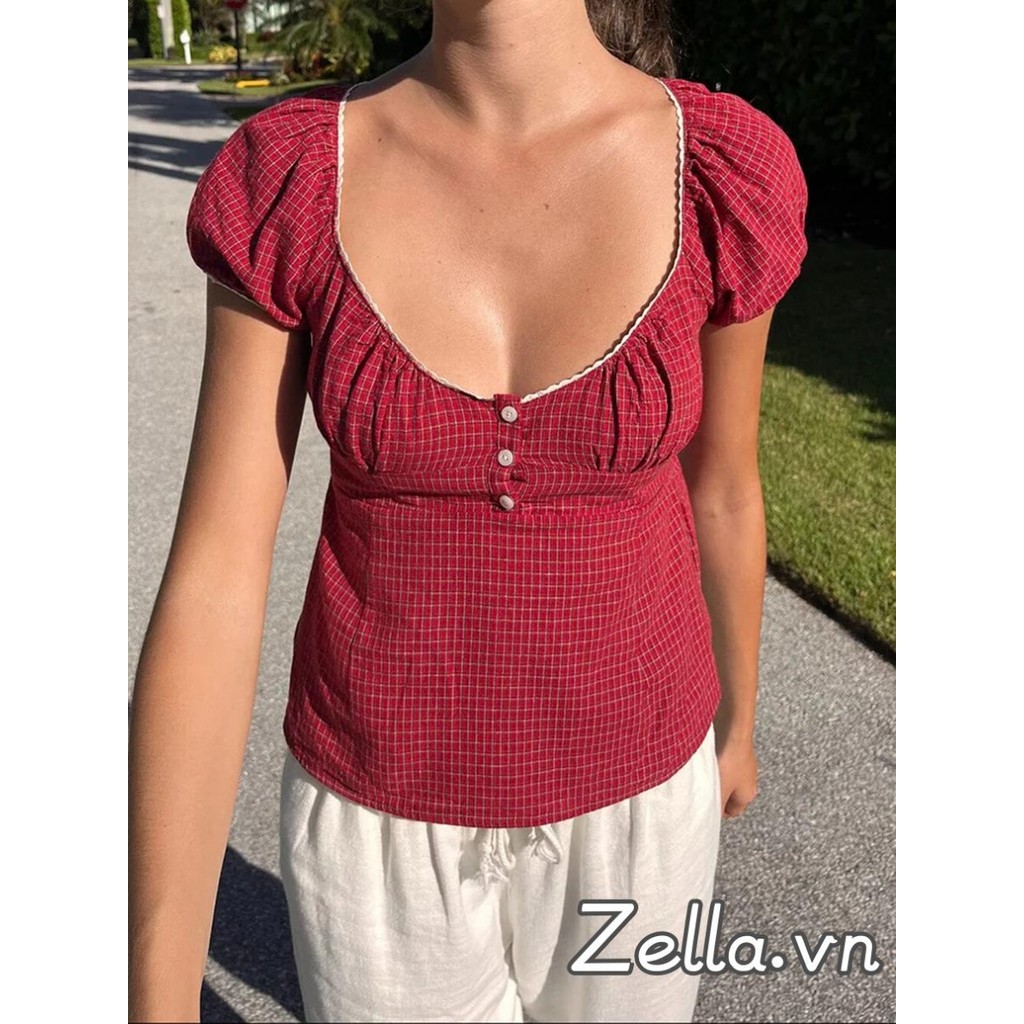 Áo kẻ sọc nữ thường ngày mùa hè Slim Button-up Áo thun tay phồng cổ chữ V
