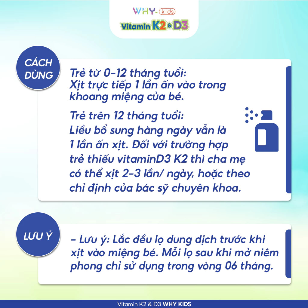 Combo 2 Vitamin Whykids D3 và K2 Dạng Xịt Giúp Bé Hấp Thụ Canxi Hỗ Trợ Phát Triển Chiều Cao - Chai 15ml