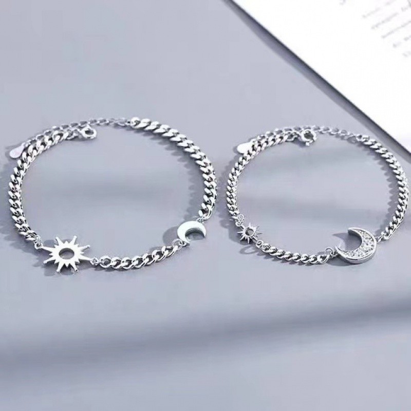 S925 Bạc Mặt Trăng Mặt Trời Buổi Sáng Đêm Cặp Đôi Vòng Tay Đơn Giản Thời Trang