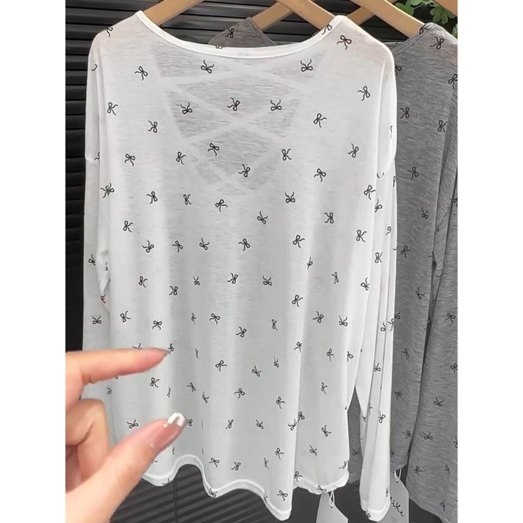 Milyfashion Rời Lưng Xuyên Rỗng Nơ Dài Tay Áo Thun Lớn Nữ Mỏng Phong Cách Chống Nắng Áo Top